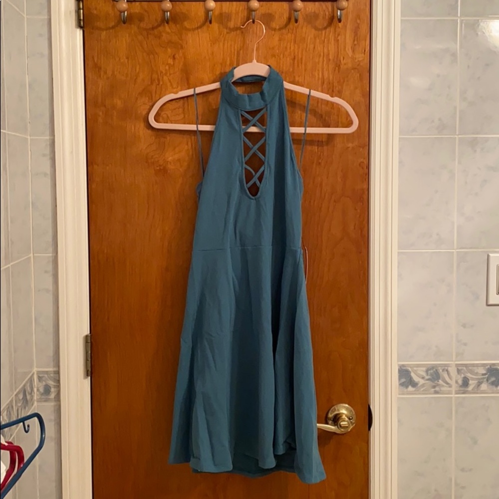 Express blue criss cross lace up halter dress